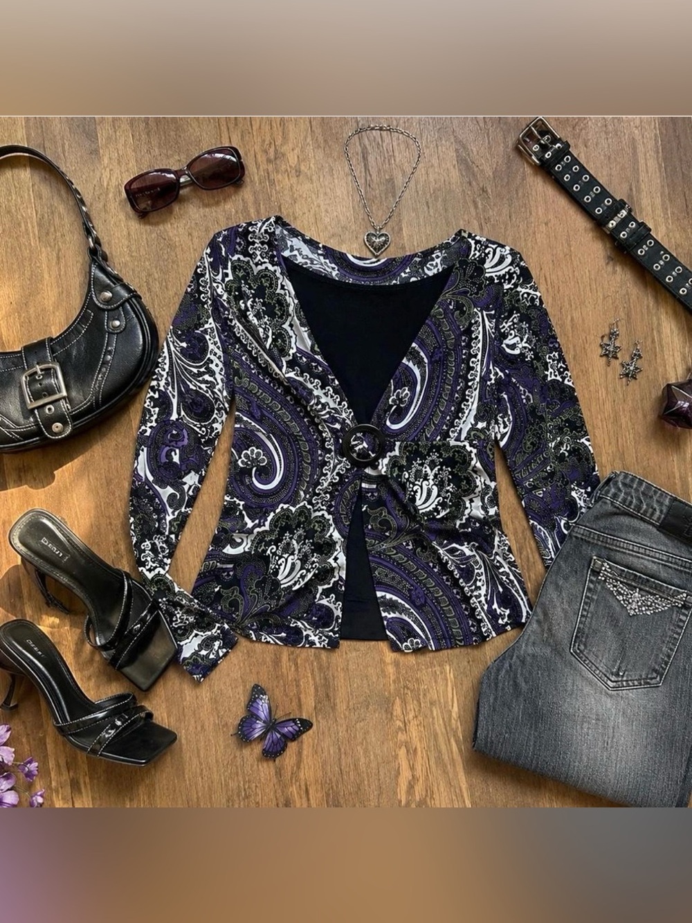 Y2K Paisley Buckle 2000s Glam Fairy Grunge Purple & Black Blouse XL Goth Grunge